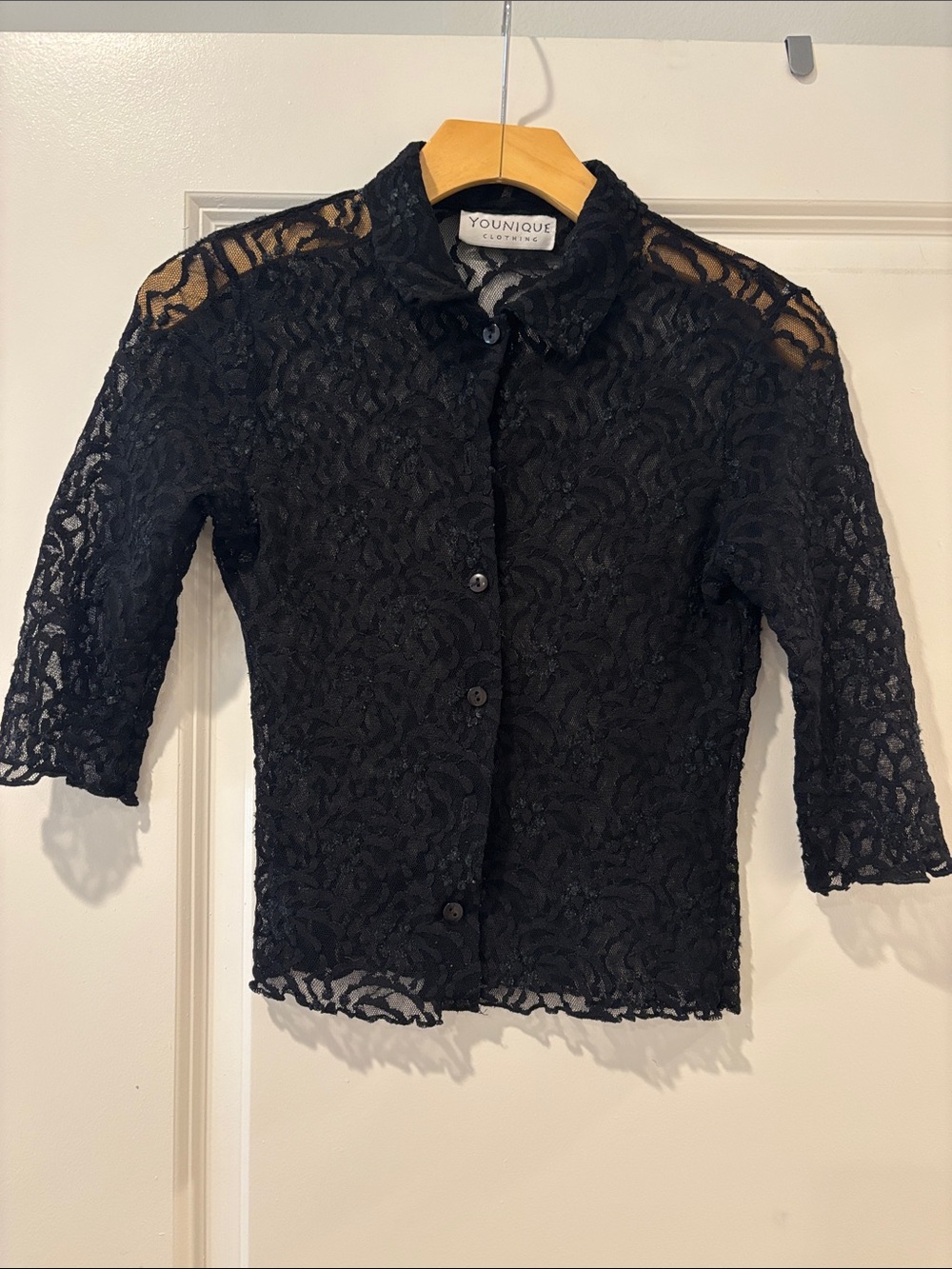 Younique Black Sheer Lace Button-Front Blouse